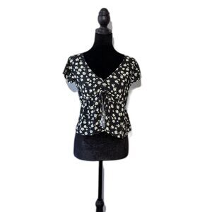 Wild Fable Black Floral Crop Top Button In Front Tie Size S
